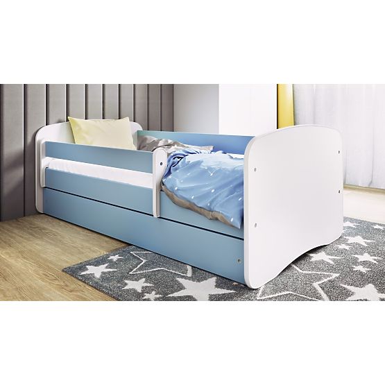 Lit pour enfant avec barrière Ourbaby - bleu-blanc